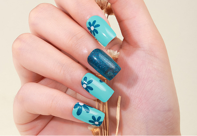 Blue Floral Gel Nails